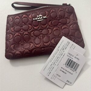 COACH Corner Zip Wristlet in Signature Leather Wine New Glitter
